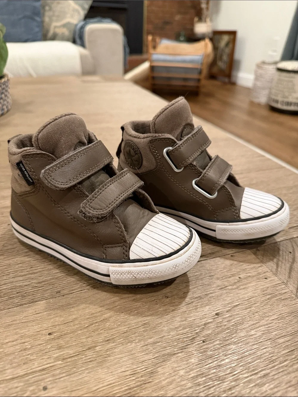 Kids Converse Brown Leather High-Top Velcro Sneakers- Fleece Lined
